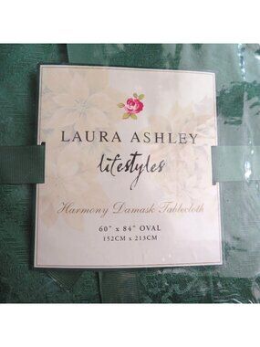 Vintage Laura Ashley Harmony Damask Tablecloth 60" X 84" Oval Kelly Green Ruffle